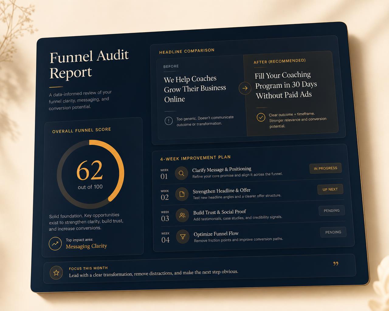 A Funnel Fix Report showing a funnel score, rewritten headlines and a 30-day plan